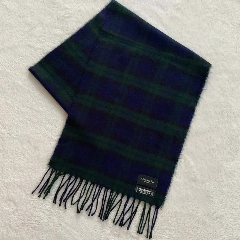 Vintage Christian Dior Monsieur Black Watch Plaid Cashmaire Scarf Made England